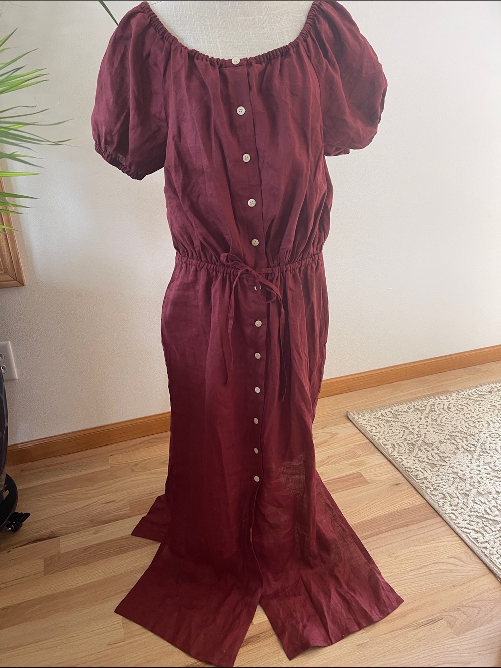 J. Crew Burgundy Off-Shoulder or up Your Choice. Button front 100% linen dress.